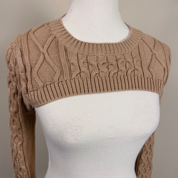 Anthropologie Cable Knit Cropped Sweater Bolero Arms Tan XS - Picture 3 of 8